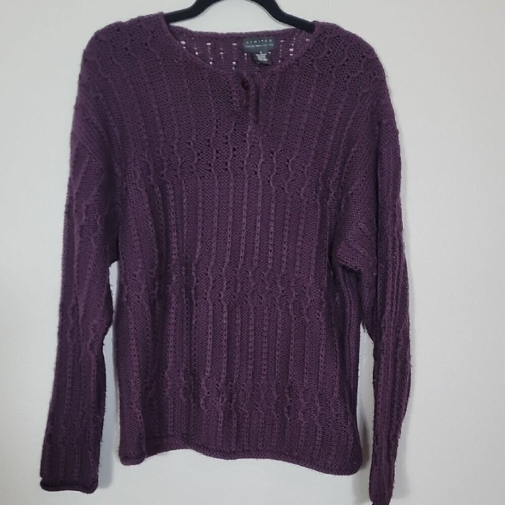 Vintage The Limited Womens Chunky Knit Henley Sweater Size S Purple Wool Blend